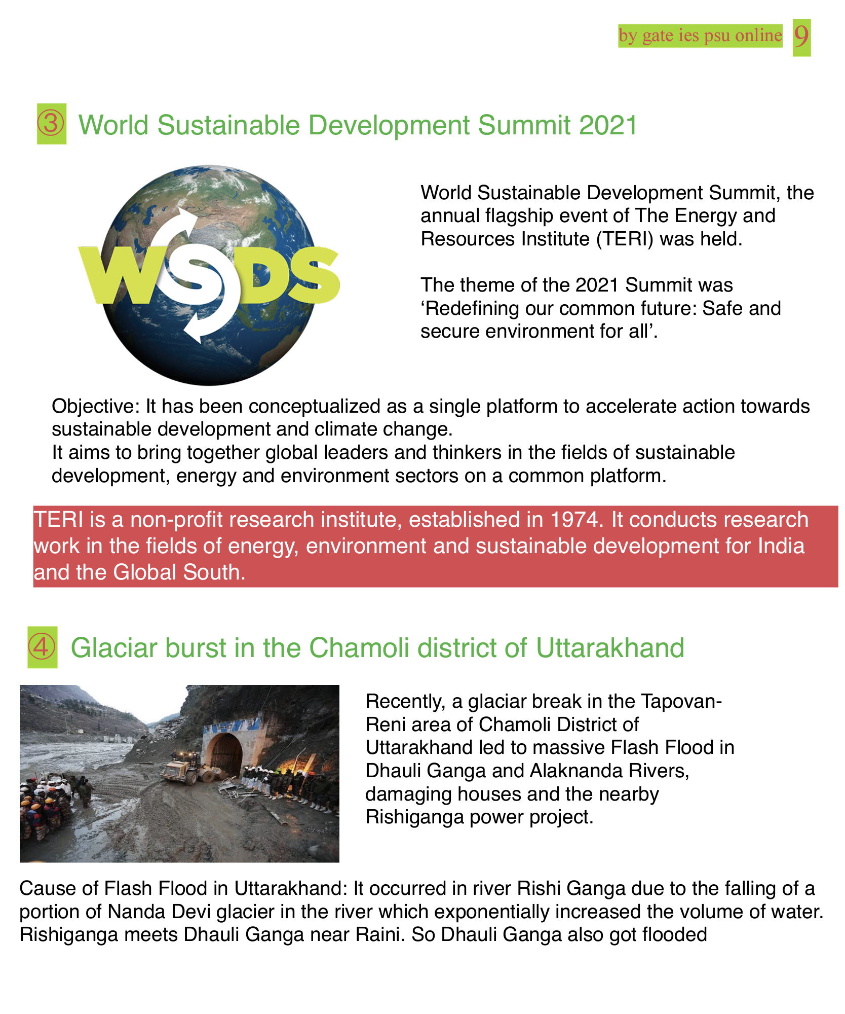 World sustainable submit 2021, TERI, CHAMOLI GLACIER BRUST, UPSC CURRENT AFFAIRS 