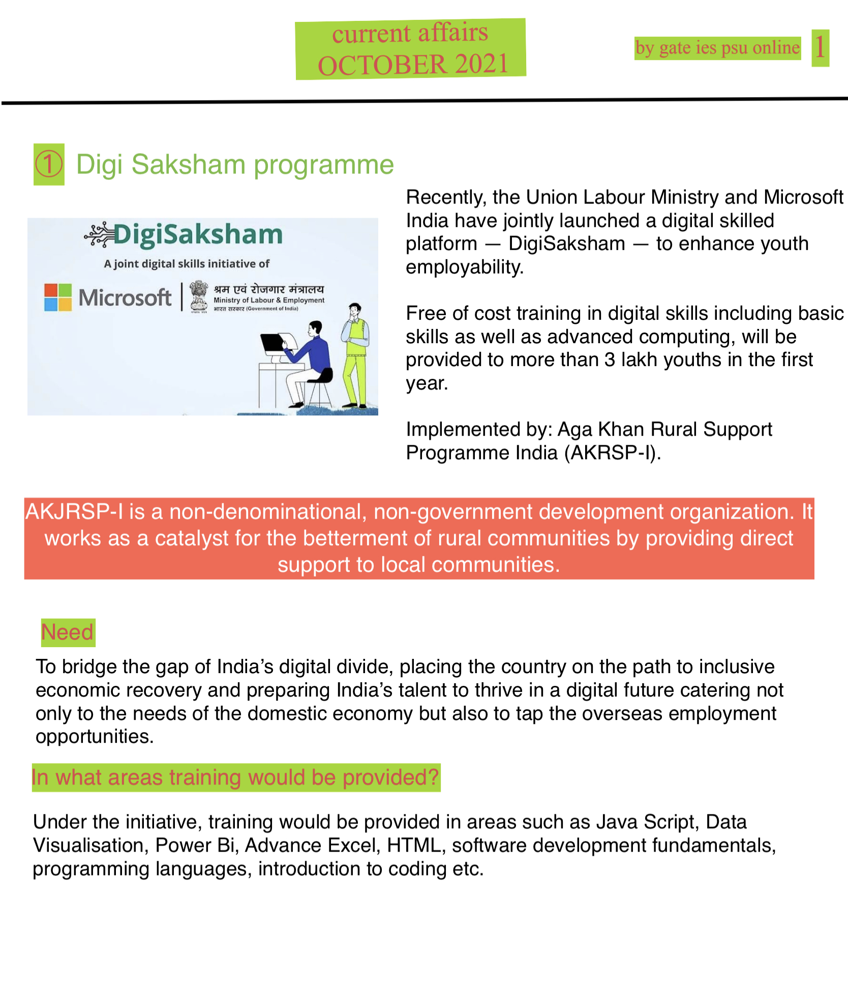 digi saksham program current affairs October 2021 