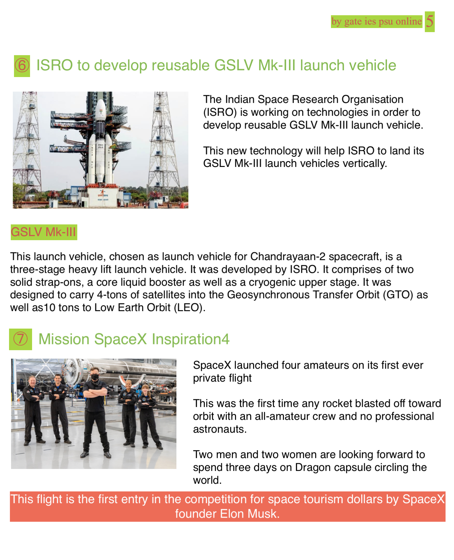 ISRO GSLV MK 3 reusable launch vehicle UPSC IES CURRENT AFFAIRS 