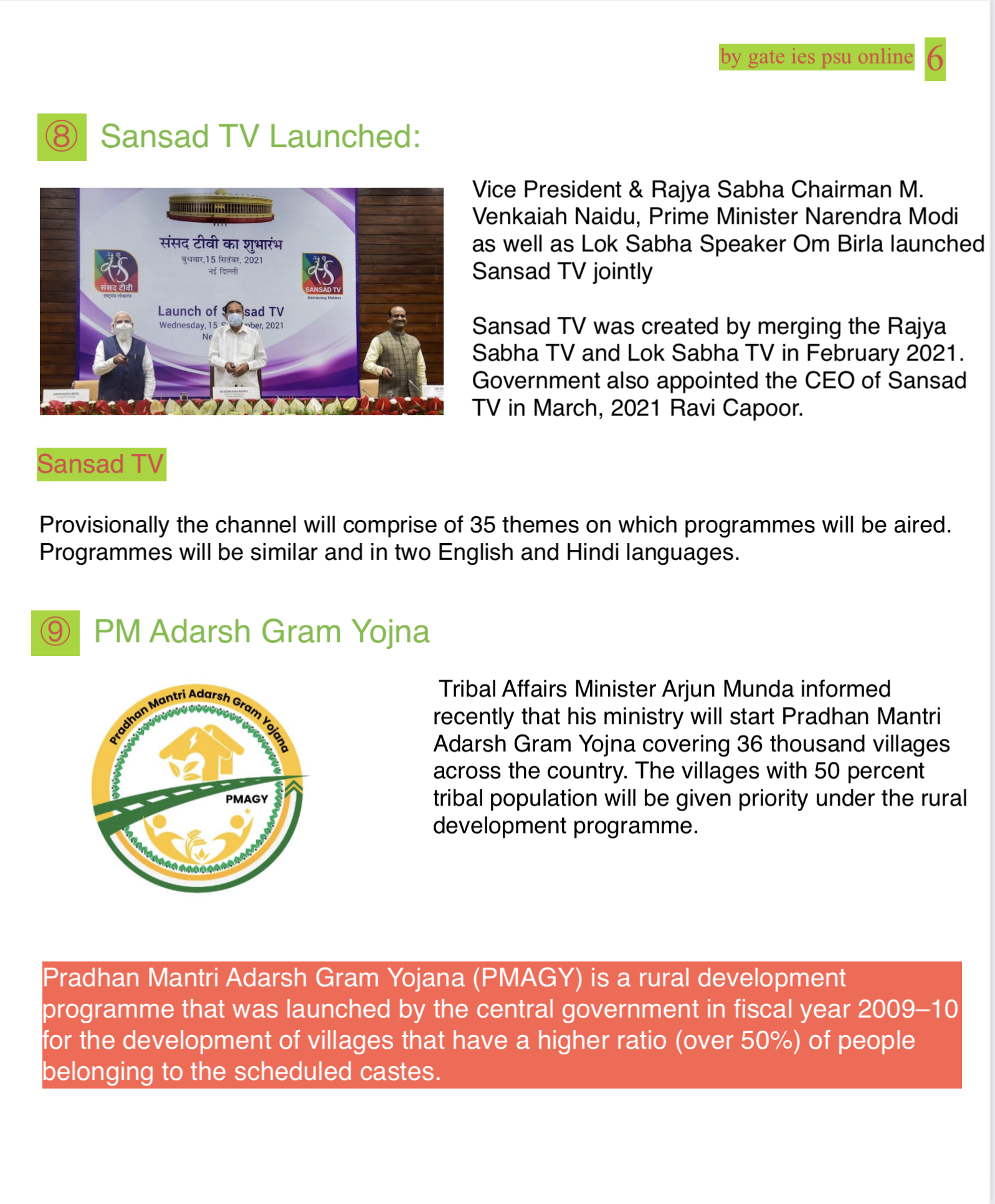 SANSAD TV, PM ADARSH GRAM YOJNA UPSC CURRENT AFFAIRS 