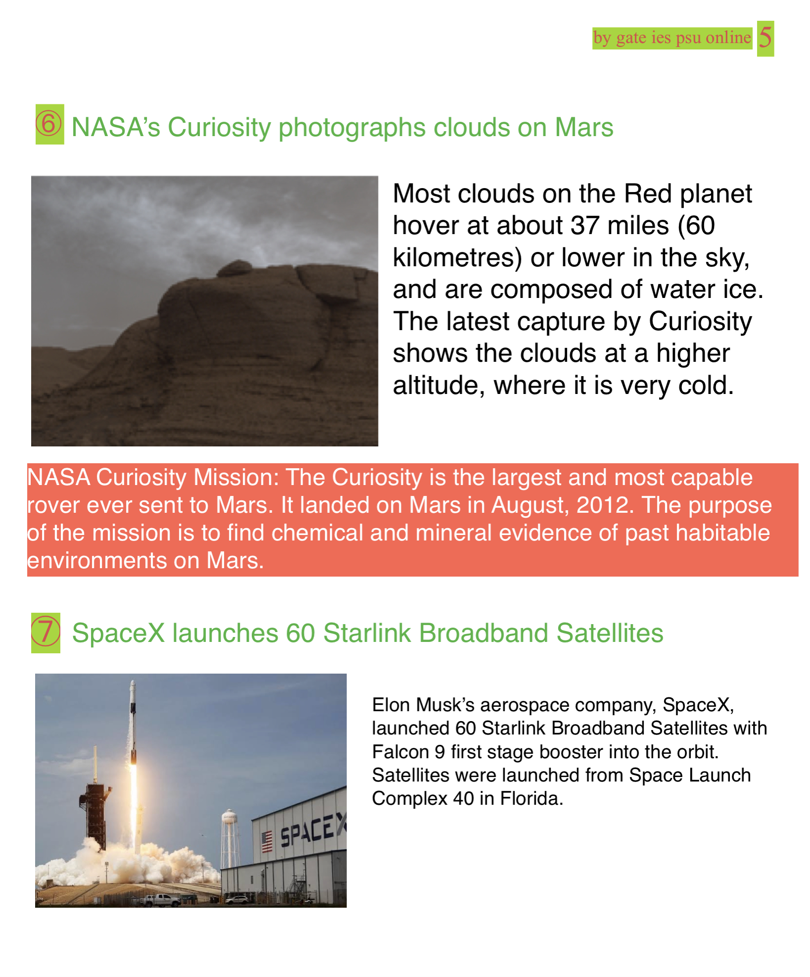 NASA CLOUD MARS PHOTO, SPACEX STARLINK MAY 2021 CURRENT AFFAIRS FOR IES IRMS 2022