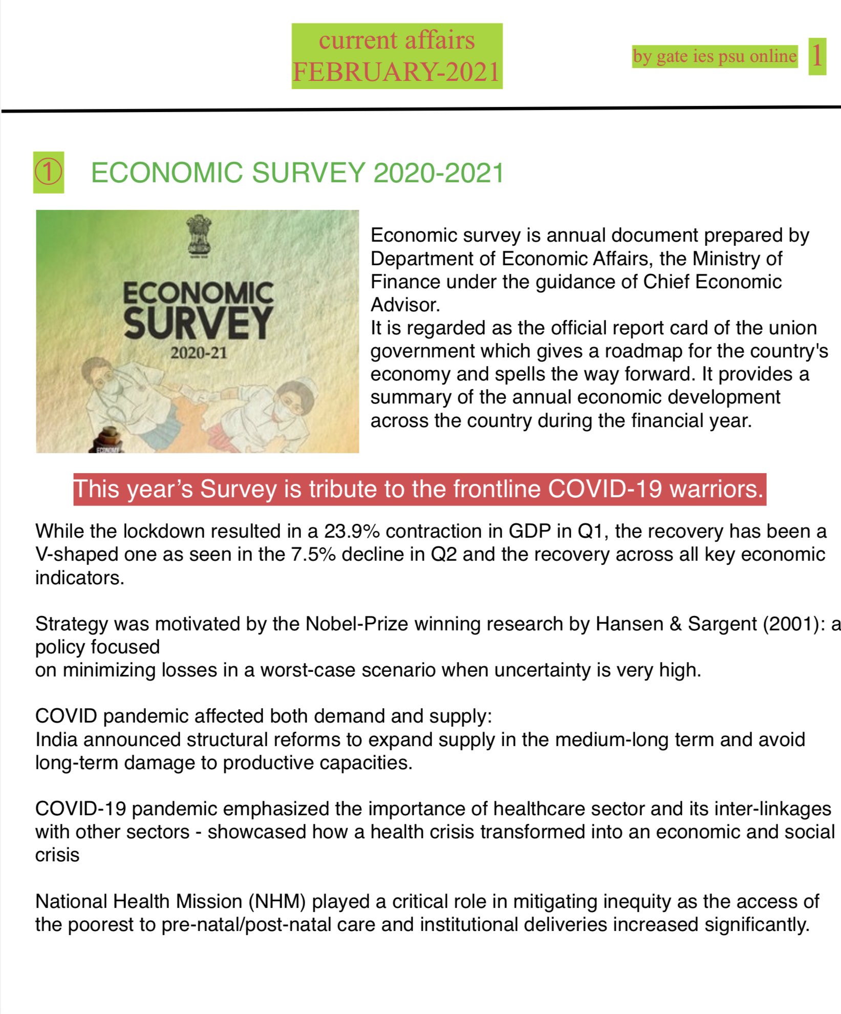  ECONOMIC SURVEY 2020-21 SUMMARY UPSC