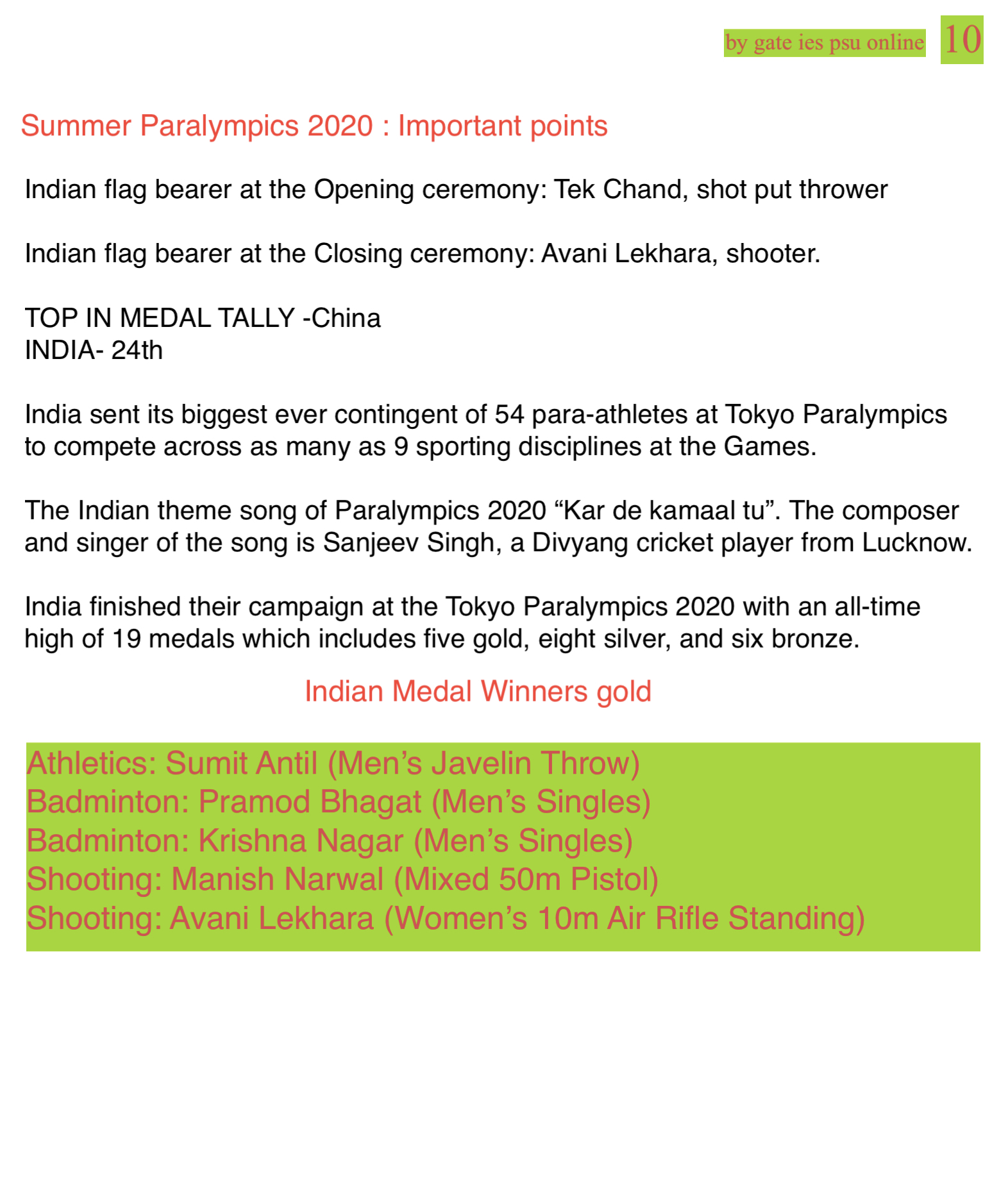 Summer Paralympics 2020 UPSC Current Affairs 